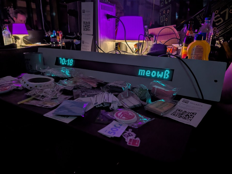 A VFD on the Ol Tele table with stickers in front of it. 

The screen shows "00:18 meowb"